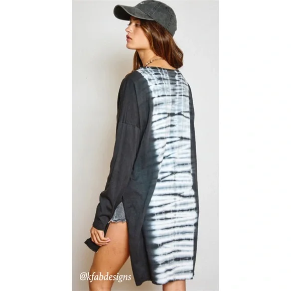 ❤️LAST ONE! Boho Black Cotton Long Tie Dye Oversized Tunic w/Side Slits - Picture 4 of 5